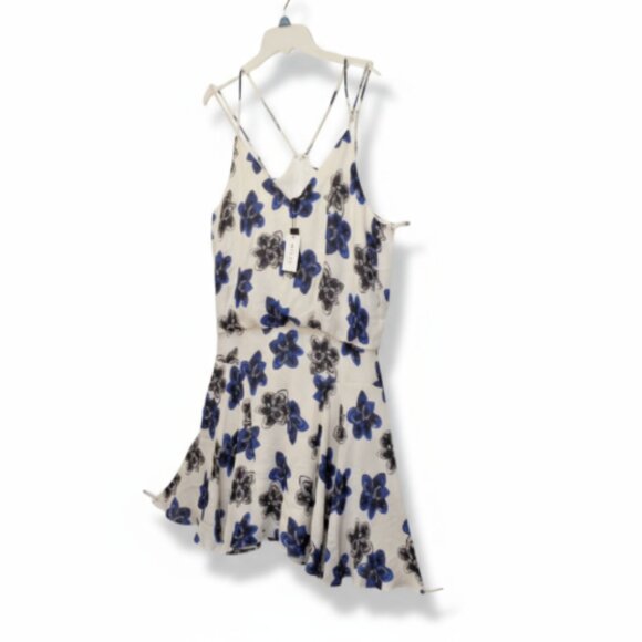 Milly Silk Dress Sz 14 NWT Blouson Tank Strappy Mini White Blue Floral Print - Picture 1 of 15